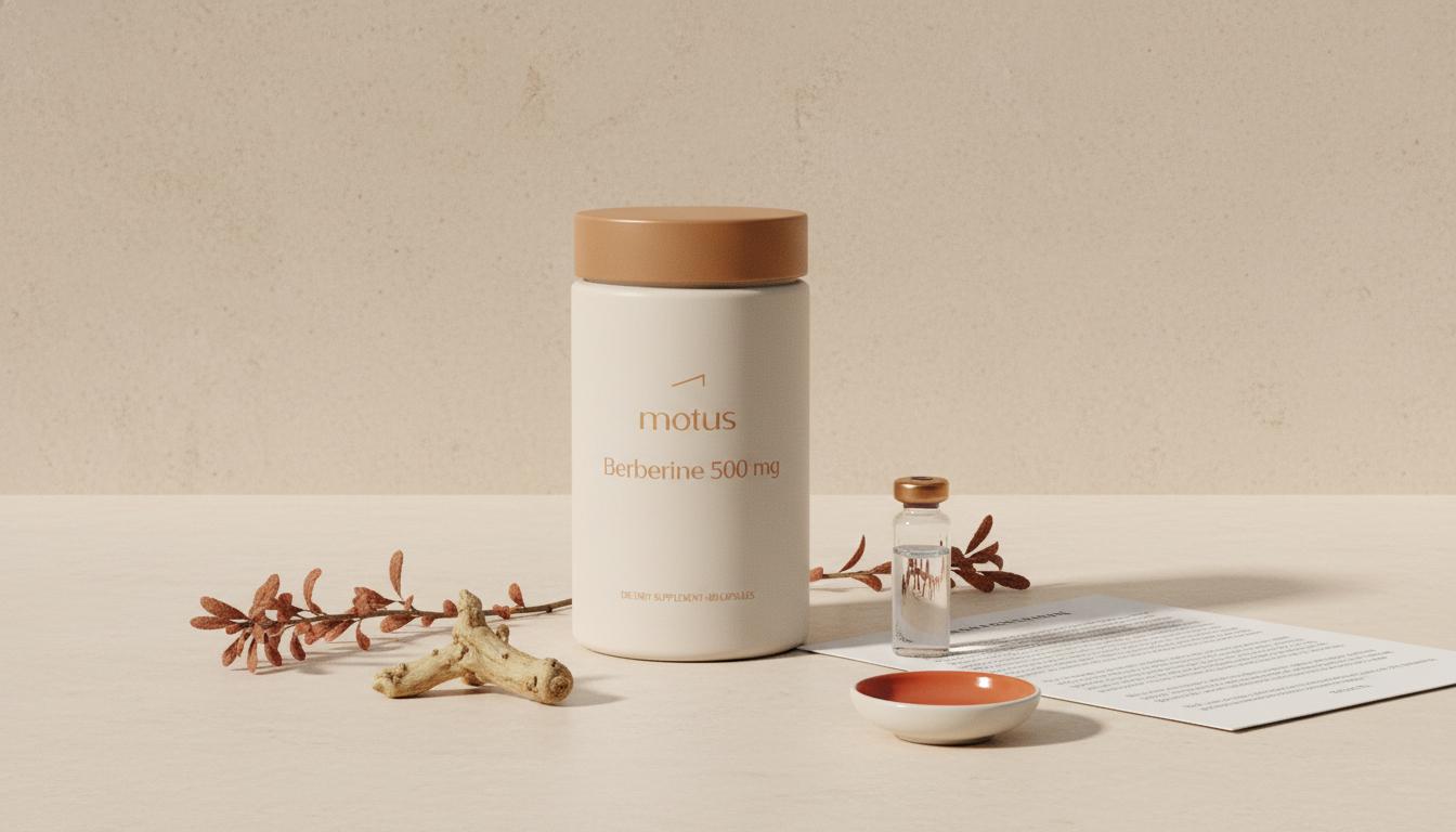 Minimalist still-life of a Tonum berberine supplement jar with dried barberry stems, goldenseal sprig, clinical vial and research paper on a pale beige background
