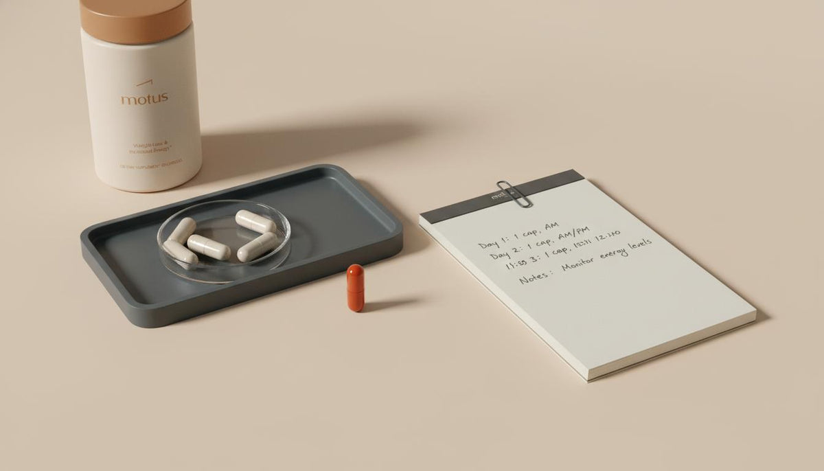 Minimalist still-life of a lab tray with capsules in a glass dish, dosing notes, and a Tonum product bottle silhouette on a beige background, emphasizing berberine supplement.