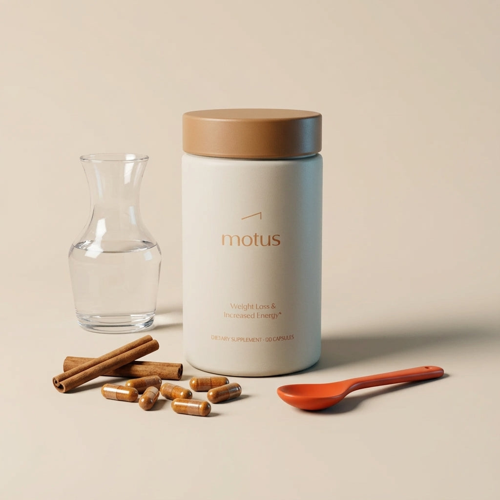Minimalist product photo of Tonum Motus supplement jar with berberine capsules and cinnamon sticks on beige #F2E5D5 background for berberine to lower A1C