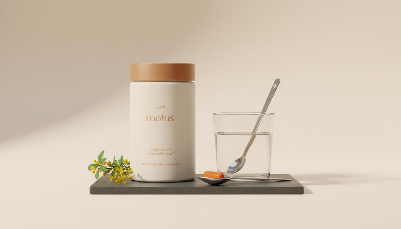 Minimalist lifestyle photo of the Tonum berberine supplement container on a pale cream background (#F2E5D5) with a glass of water and measuring spoon, conveying calm scientific wellness.