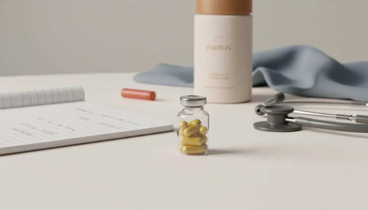 Minimalist clinical still-life of a glass vial of berberine capsules beside a clinician’s notepad and stethoscope on a #F2E5D5 background with subtle Tonum accents and blurred Motus container.