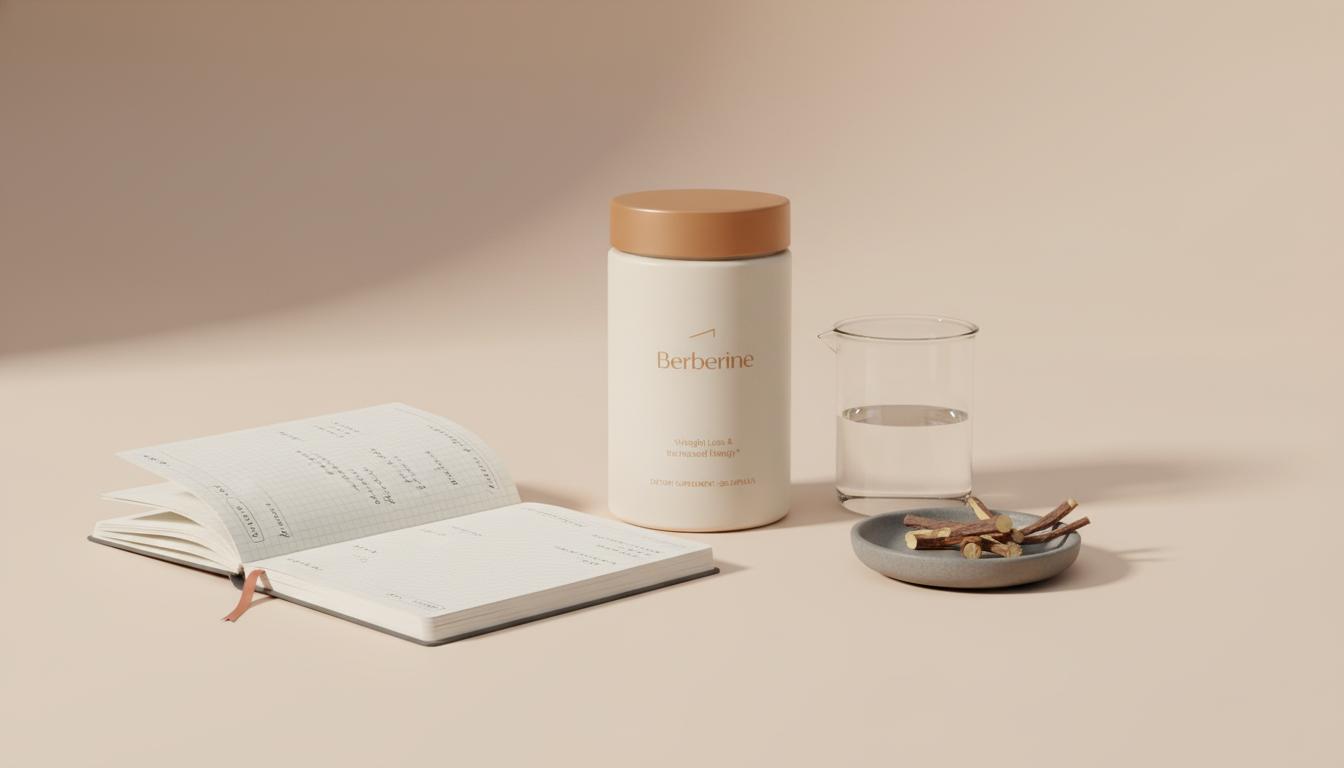 Minimalist scientific still-life of Tonum supplement jar labeled 'Berberine' beside an open notebook, dish of dried barberry root, and glass beaker on #F2E5D5 background — berberine vs berberine hcl