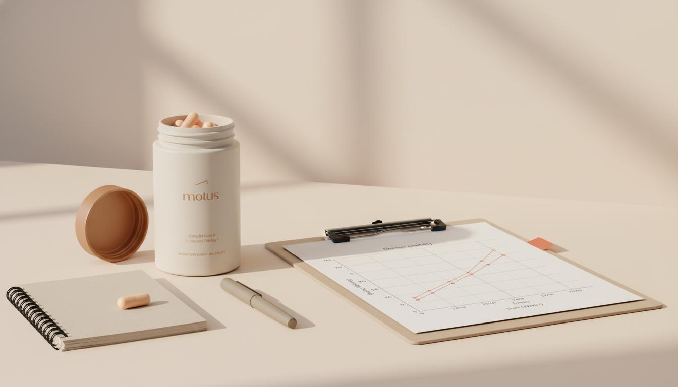 Minimalist lab-style countertop with an open jar of berberine capsules from Tonum, neutral notebook and pen, and a clipboard showing a fasting glucose trend graph — berberine vs metformin