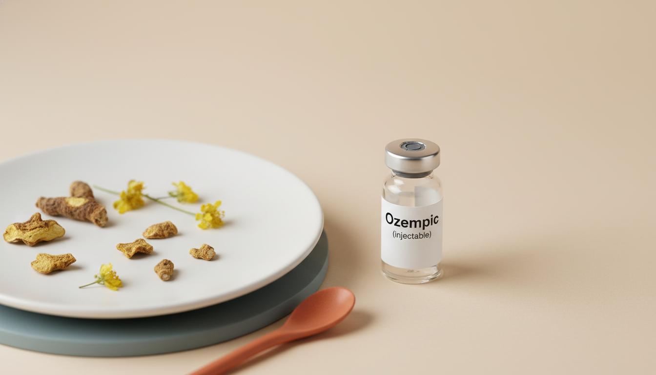 Minimalist still-life of dried berberine roots and yellow flowers on a white plate beside an Ozempic (injectable) vial on a pale Tonum background, berberine vs Ozempic.