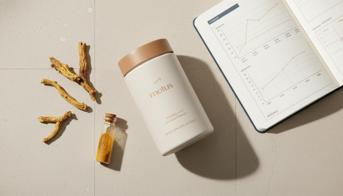 Flat-lay of Tonum Motus container with berberine roots, a vial of berberine powder and a lab notebook with simple graphs, minimalist clinical scene for berberine weight loss.