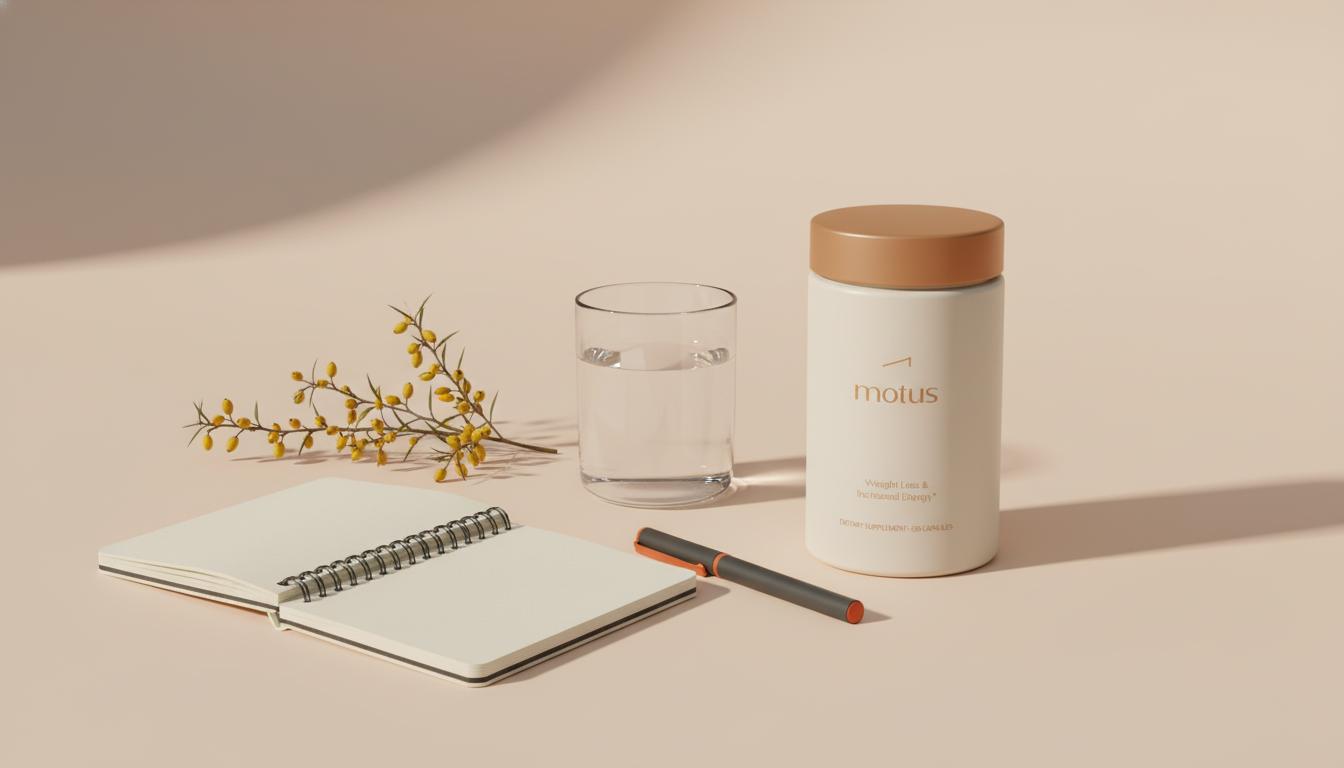Minimalist tabletop with Tonum Motus supplement bottle beside open notebook, glass of water and berberine plant stems conveying berberine weight loss and clinical calm wellness.