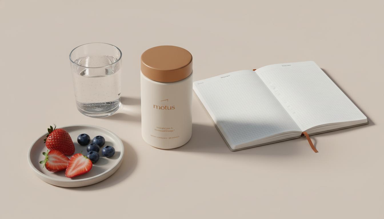 Minimalist flat-lay of Tonum Motus bottle beside glass of water, berries and a simple tracker notebook on beige background — berberine weight loss timeline