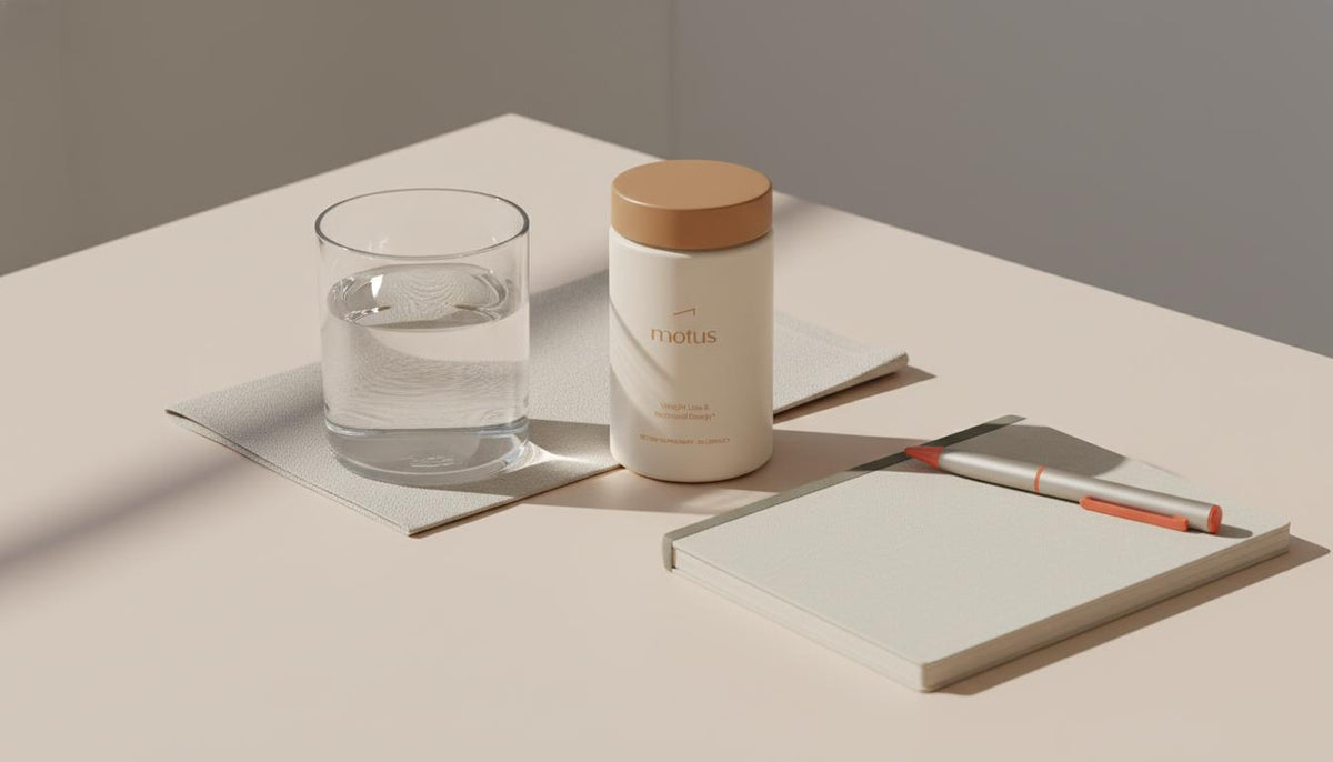 Flat-lay of a Tonum supplement product on a neutral bedside table with a glass of water, folded napkin and notebook in soft morning light — berberine weight loss