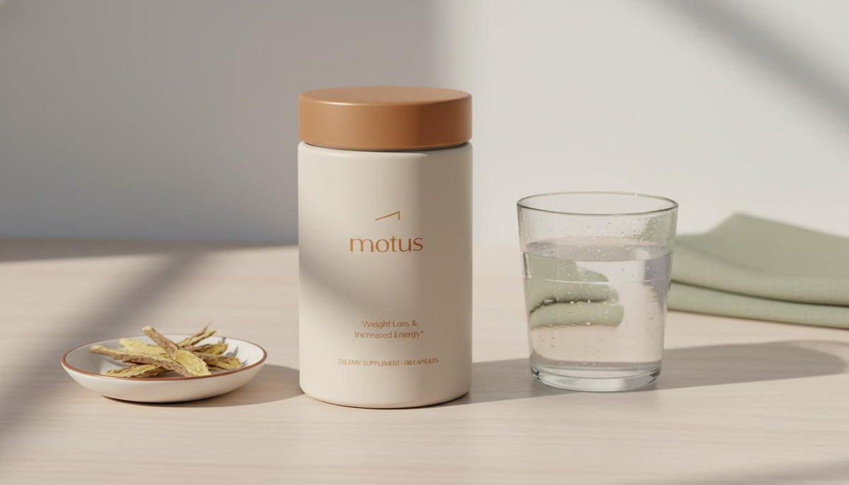 Minimalist full-frame product photo of Tonum Motus supplement beside berberine roots and a glass of water on a neutral wooden surface, evoking berberine weight loss and clinical lifestyle.