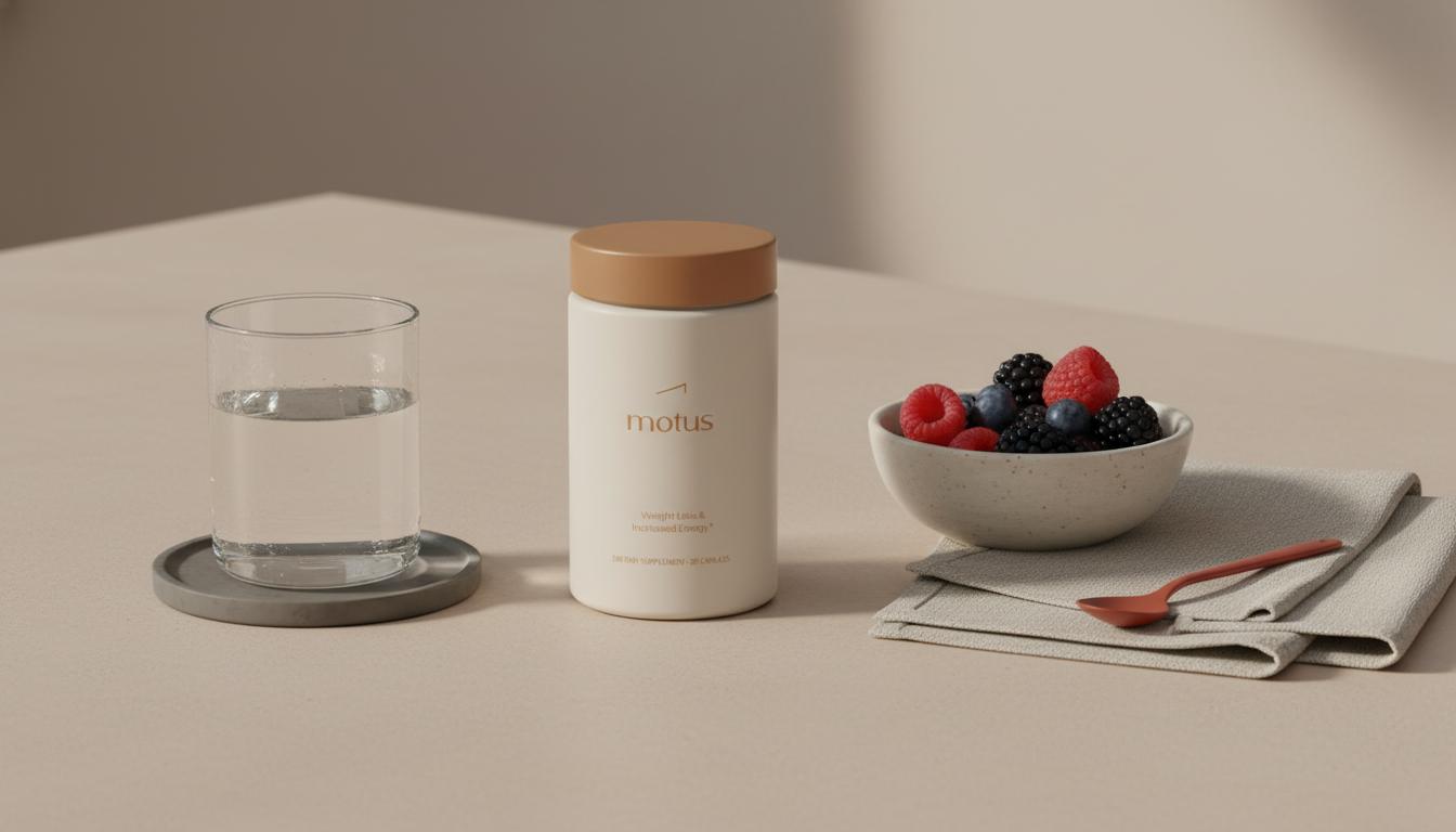 Minimalist kitchen table scene with Tonum Motus supplement jar, glass of water, bowl of berries and linen napkin — calm clinical lifestyle image suggesting best appetite suppressant for fat loss