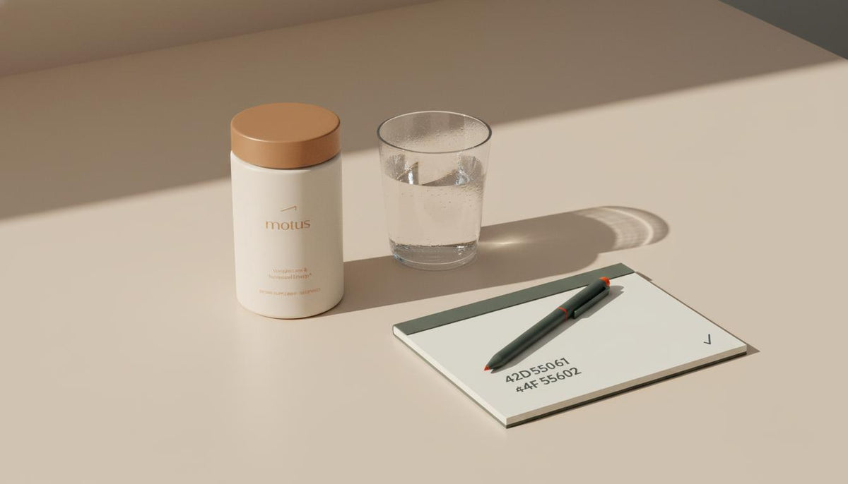 Minimalist flat-lay of Tonum Motus container on a soft beige counter with a glass of water, notepad and pen, evoking practical weight management and best appetite suppressant medication.