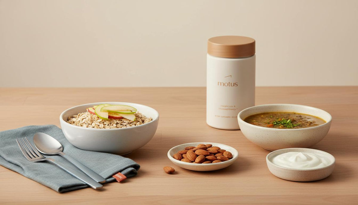 Minimalist still-life of appetite-friendly breakfast with steel-cut oats, sliced apple, almonds, lentil soup, Greek yogurt and a Motus container in the background — best appetite suppressant