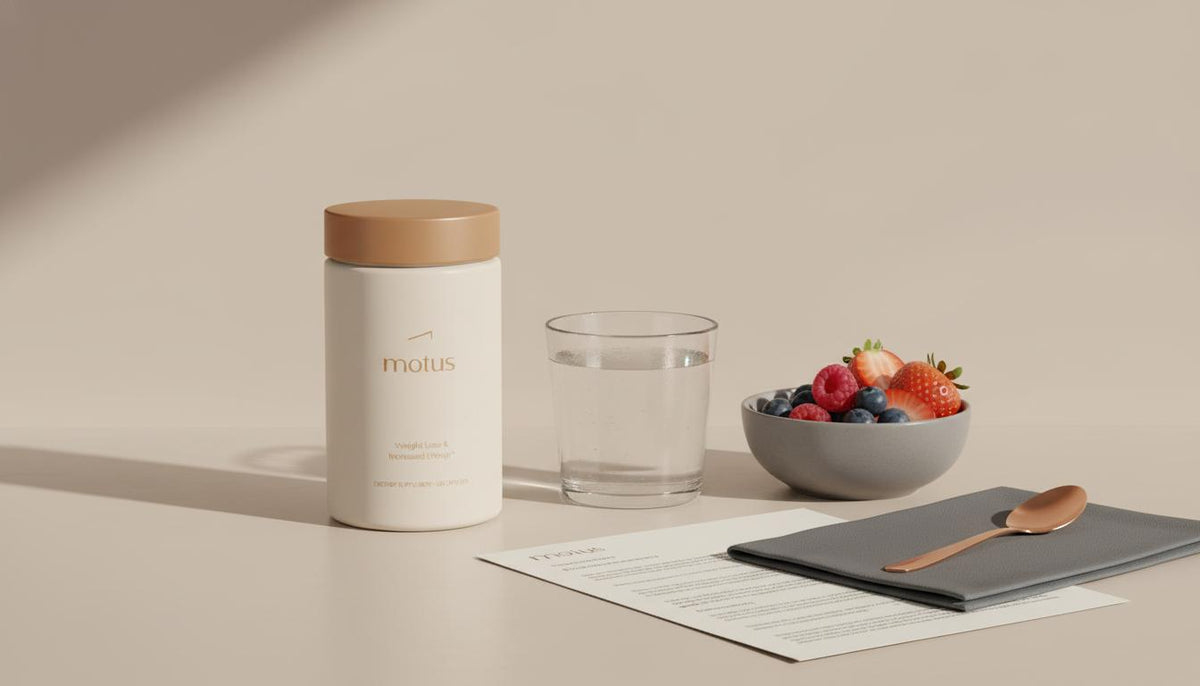 Tonum Motus container on a minimalist kitchen counter with water, berries, and a research paper, suggesting the best appetite suppressant supplement for weight management.