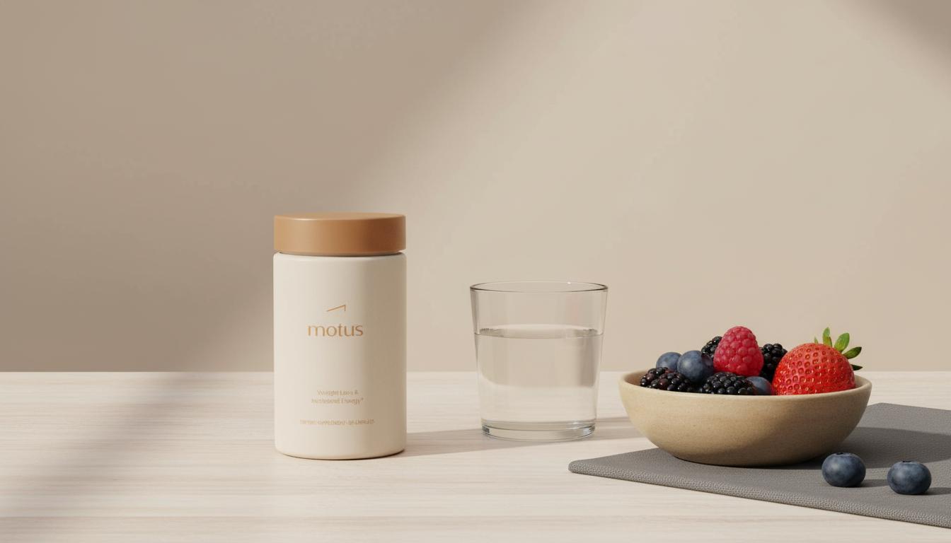Minimalist still-life of Tonum Motus supplement container with glass of water and bowl of berries on a wooden table, conveying best appetite suppressants in a calm clinical-lifestyle style