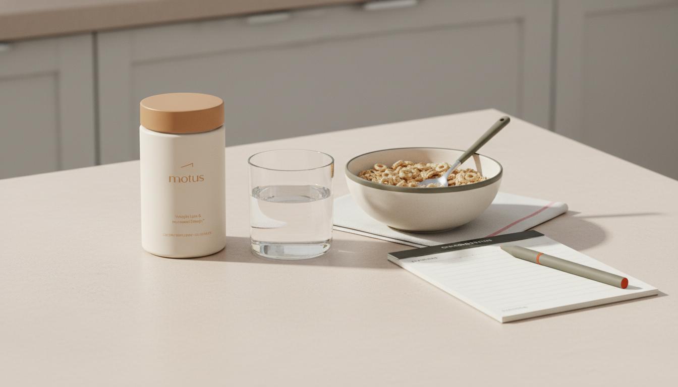 Minimalist kitchen counter with Tonum Motus container beside water, cereal bowl and notepad, conveying evidence-based best appetite suppressants and a calm morning routine.