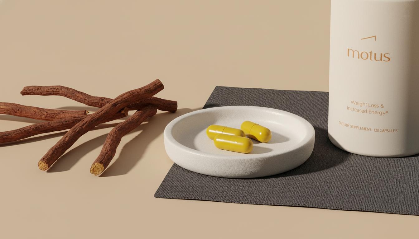 Minimalist still-life of barberry roots and berberine capsules on a white ceramic dish with the Tonum supplement container on a beige #F2E5D5 background — best berberine brand