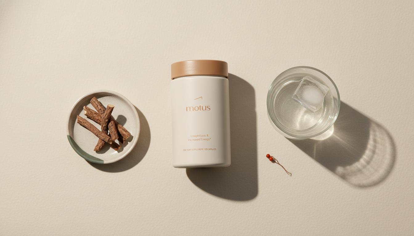 Top-down flat-lay of Tonum Motus container with dish of dried barberry roots and a glass of water on a pale beige surface — best berberine supplement for weight loss