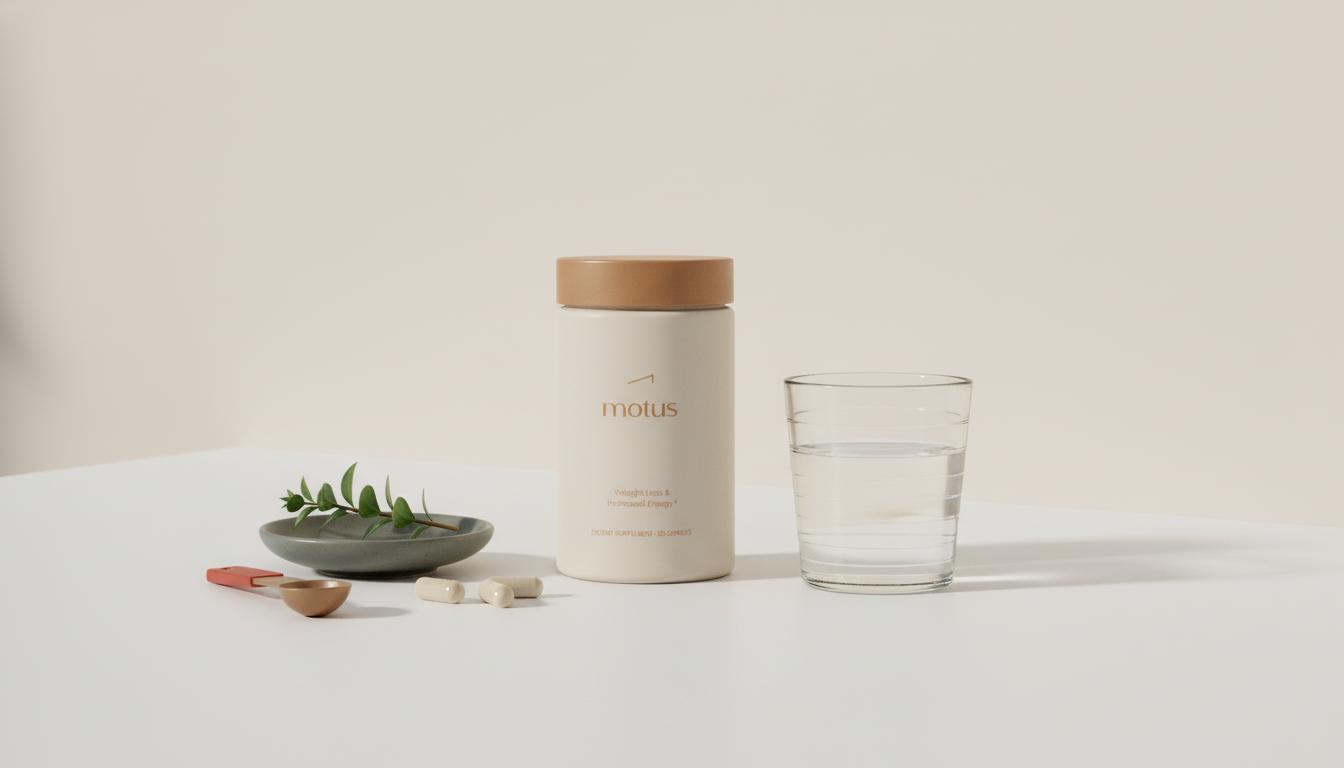 Minimalist product photo of Motus jar on a lab table with a glass of water and dish of plant sprig and capsules — best berberine supplement