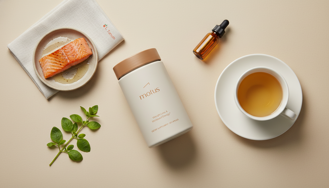 Minimal flat-lay of Tonum supplement jar with fish fillet, Bacopa sprig, porcelain tea cup and amber vial on soft beige background — best brain booster