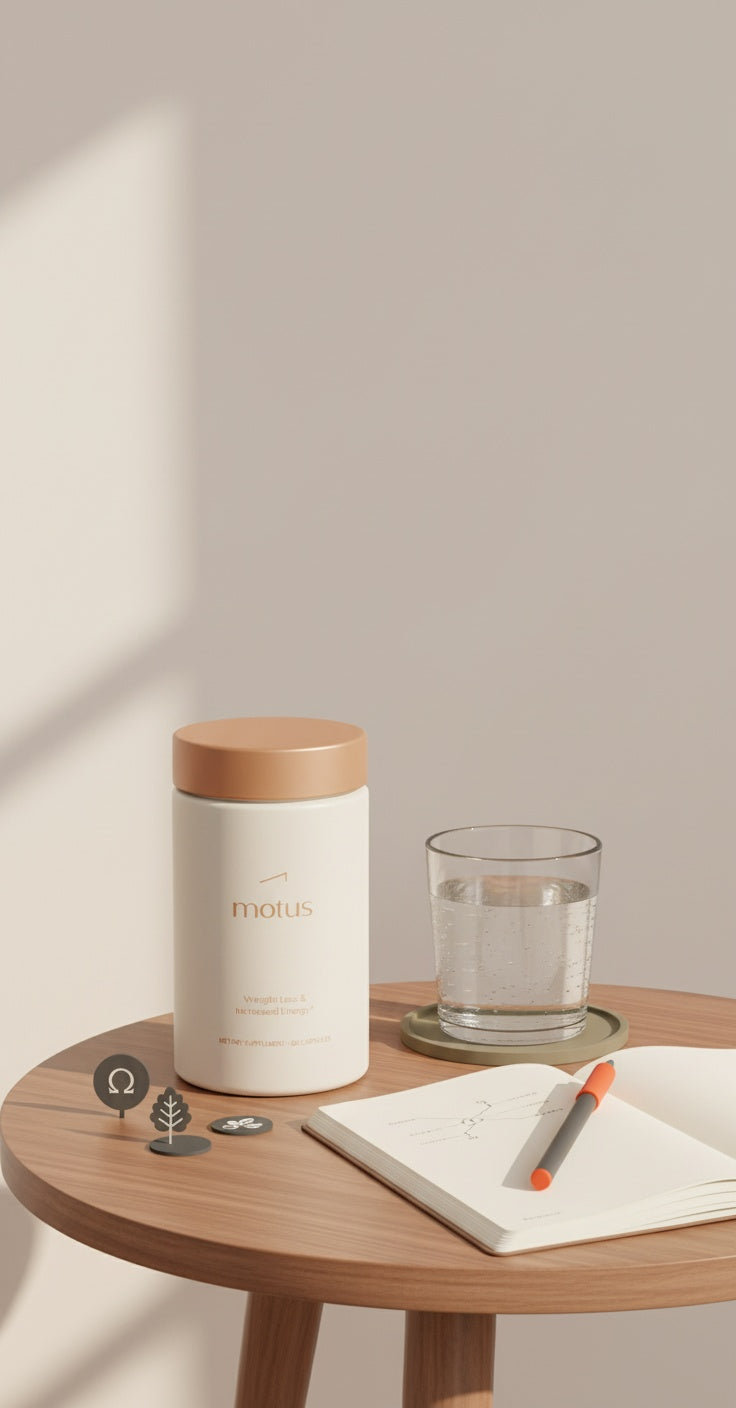 Minimalist morning countertop with Tonum supplement jar, glass of water, open notebook and natural ingredient icons (omega-3 fish, milk thistle) — best brain enhancing pill