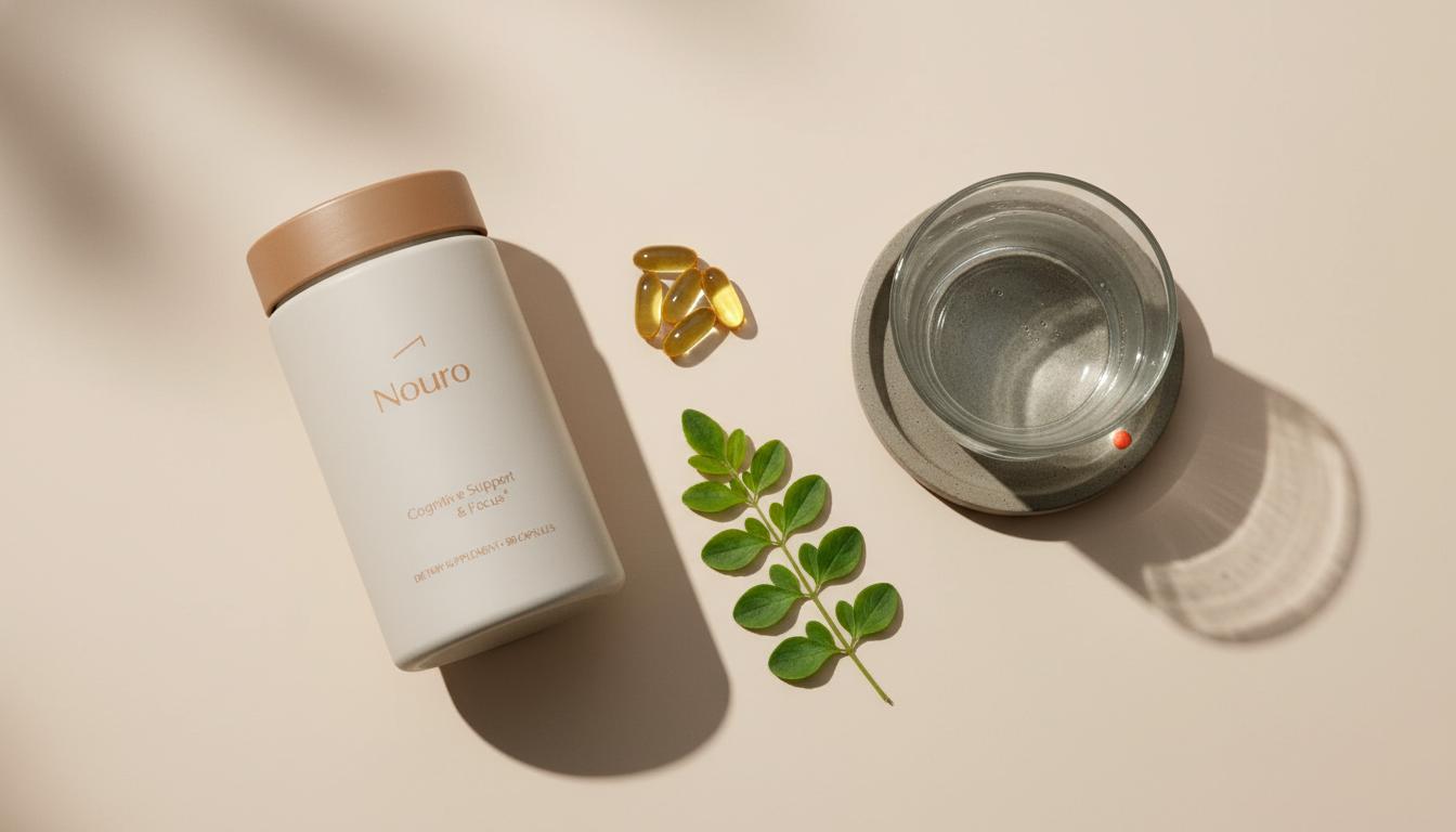 Minimalist flat-lay of a supplement jar labeled 'Nouro' with Bacopa leaves, fish oil capsules and a glass of water on a pale beige Tonum background — best brain improvement supplement