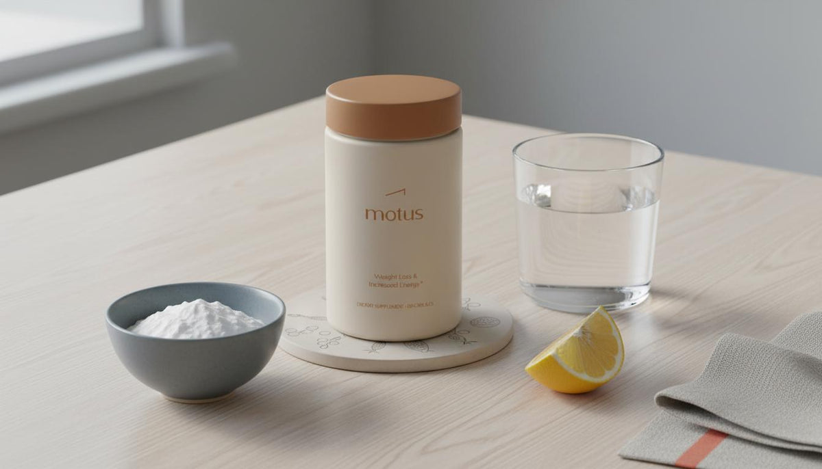 Minimalist product photo of Tonum Motus jar beside a ceramic bowl of collagen powder, glass of water and peeled lemon wedge on a wooden table — best collagen for weight loss