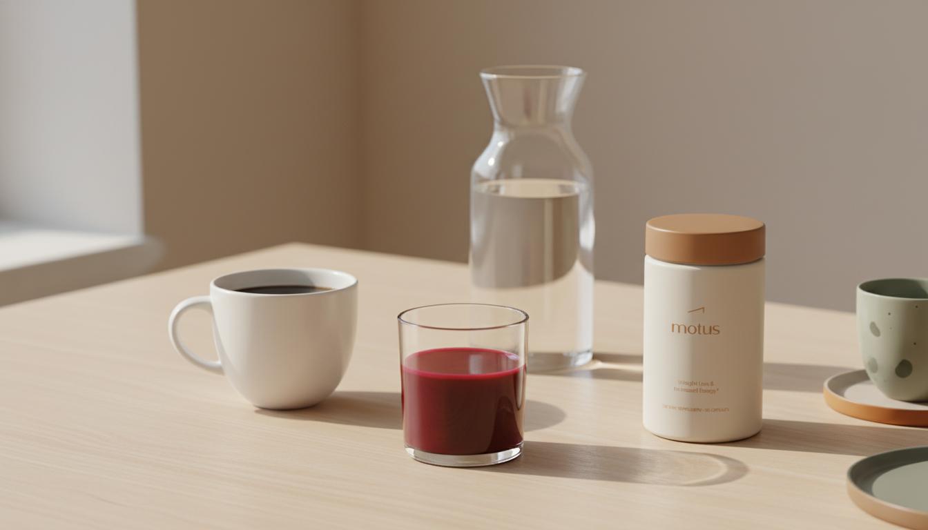 Minimalist still-life with beetroot juice, black coffee, water carafe and Tonum Motus container on a wooden table against #F2E5D5 background — best drink for liver repair