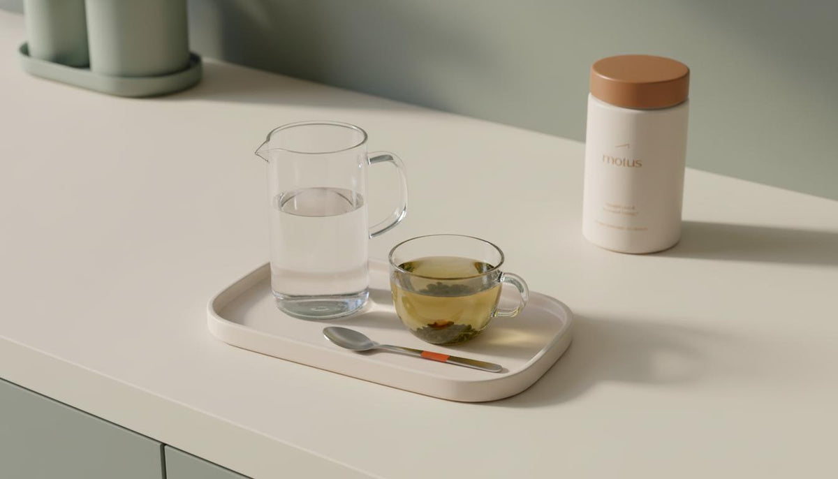 Overhead minimalist kitchen scene with glass pitcher of water and cup of green tea on a tray, Tonum Motus container blurred in background — best drink to lower blood sugar