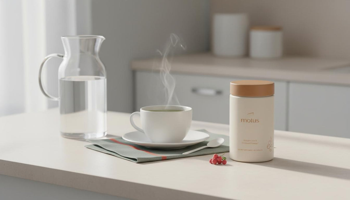 Minimalist kitchen scene with carafe, steaming green tea cup and Tonum Motus jar with subtle berry icon, showcasing best drinks for weight loss in a calm clinical lifestyle setting.
