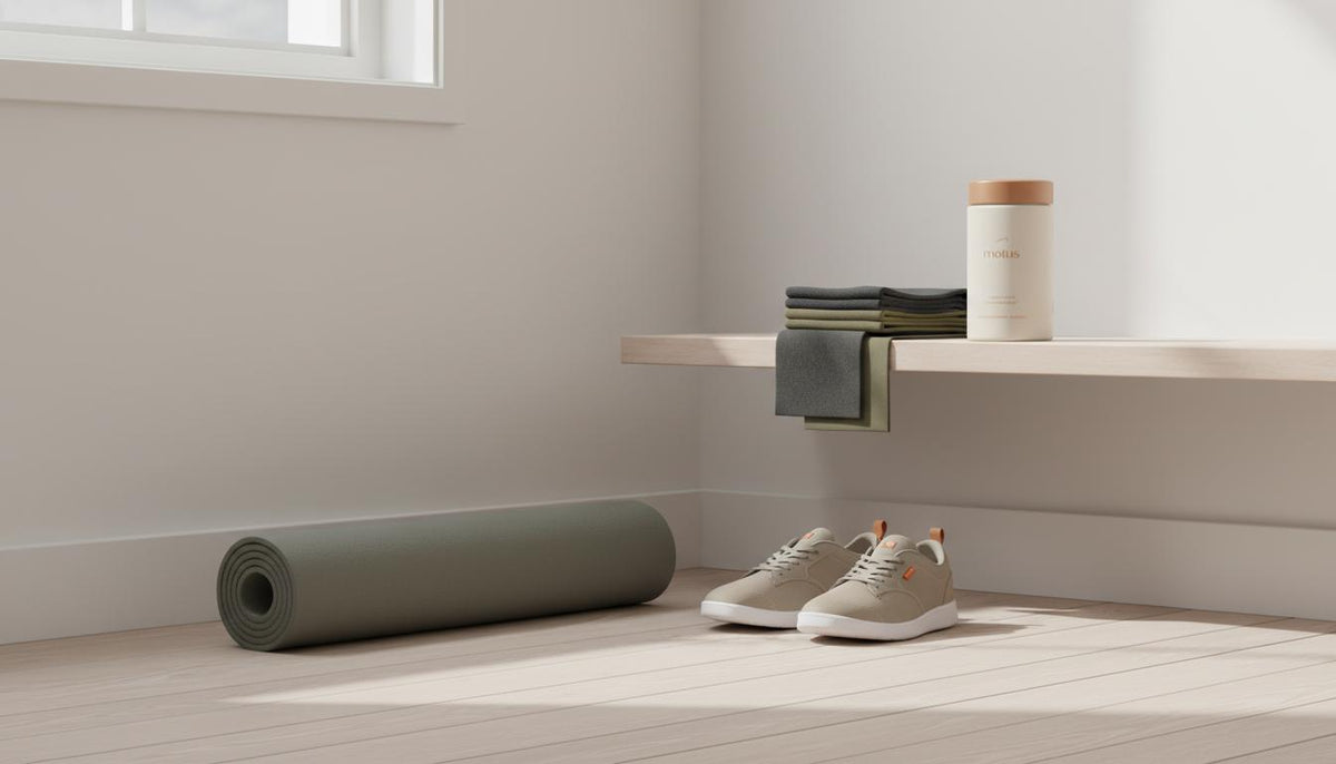 Minimalist home exercise corner with rolled yoga mat, training shoes, resistance bands and Tonum Motus container on a shelf — best exercise for fatty liver