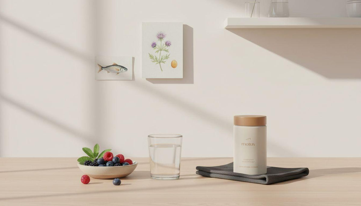 Minimalist kitchen morning scene with Tonum Motus jar from reference photos next to a glass of water and bowl of berries on a wooden counter, promoting best exercises for belly fat