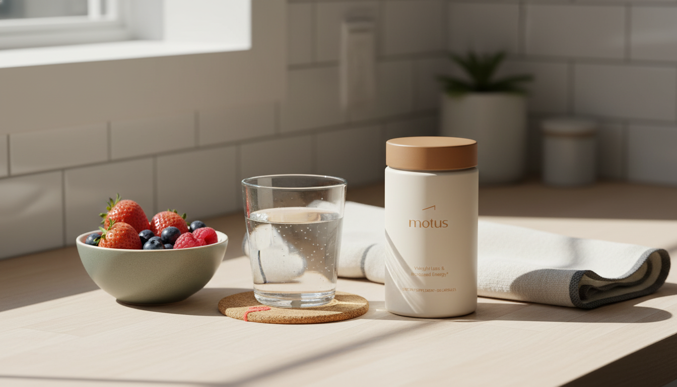 Minimalist kitchen counter with Tonum Motus supplement jar beside a glass of water, small bowl of berries and folded towel, conveying daily habit and balanced wellness — best fat burner for men