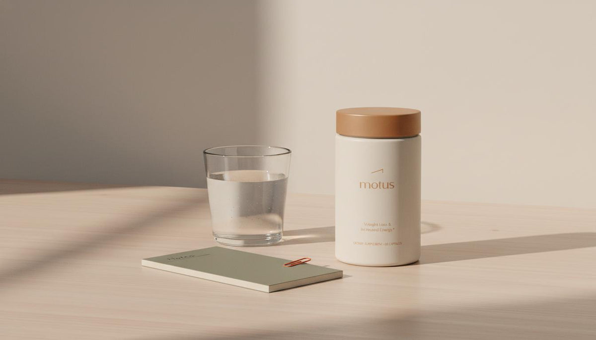 Minimalist still life of Tonum Motus supplement on a wooden table with a glass of water and notepad, emphasizing daily ritual and wellness; best fat burner for women