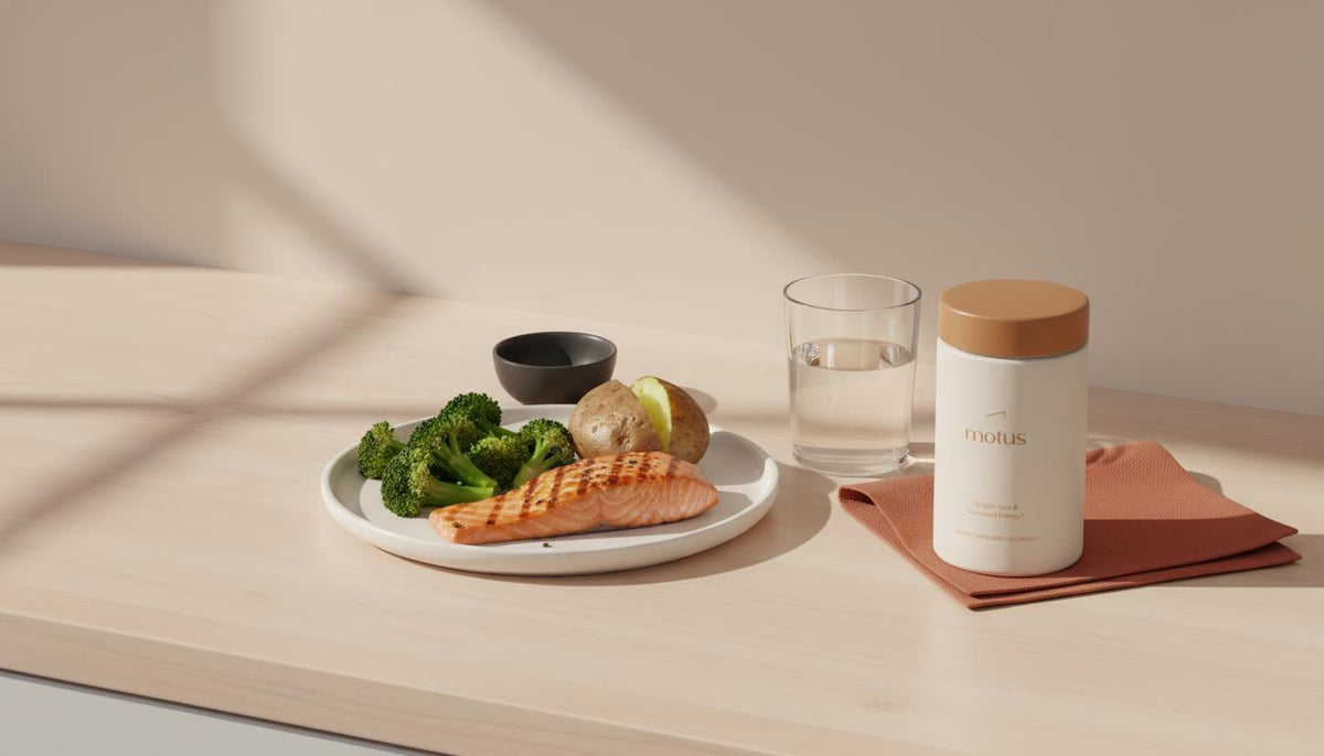 Minimalist kitchen scene with grilled salmon, steamed broccoli, baked potato, glass of water and Tonum Motus container — best foods to eat to lose weight