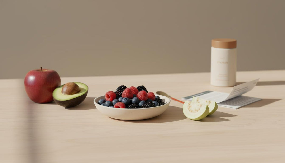 Bowl of berries, halved avocado, apple and sliced guava on a wooden counter with Tonum product and research paper — best fruits for blood sugar