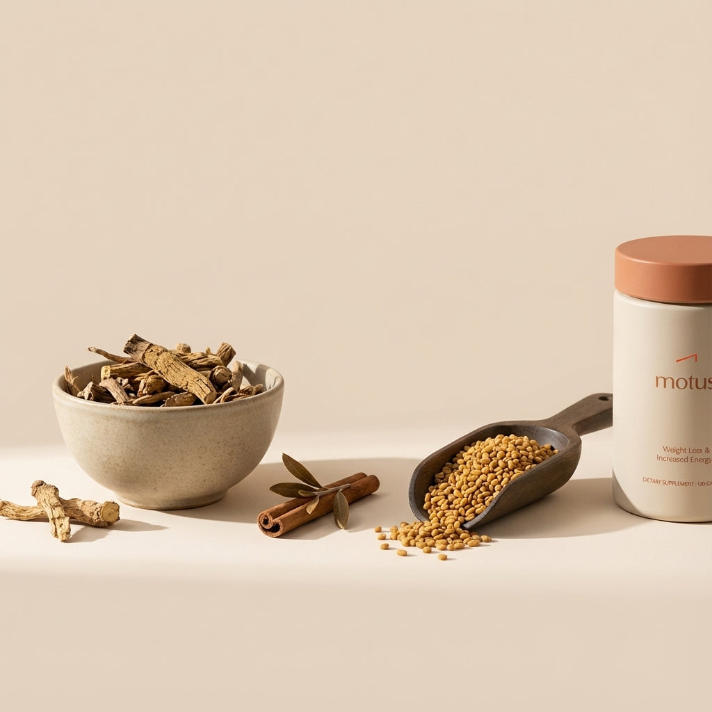 Minimalist still life of berberine roots, a cinnamon sprig, fenugreek seeds in a wooden scoop and a Tonum supplement jar, illustrating the best herb for lowering blood sugar in a clean clinical style.