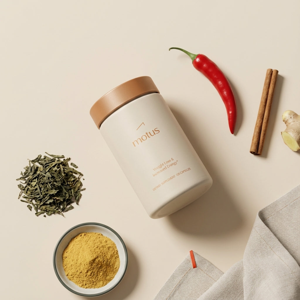 Flat-lay of Tonum Motus supplement jar beside dried green tea, powdered berberine root, chili, cinnamon and ginger on beige background — best herb for metabolism