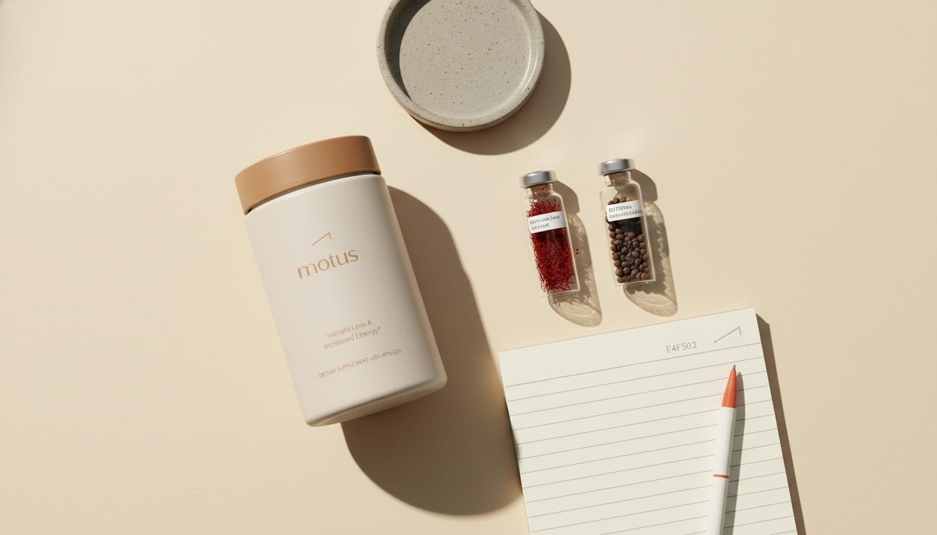 Minimalist flat-lay of saffron threads, Griffonia seeds, a capsule bottle and the Tonum supplement from reference photo beside a notepad — best herb for serotonin