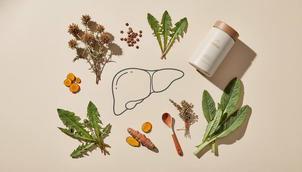 Minimalist flat-lay of milk thistle, turmeric, artichoke and dandelion arranged around a stylized liver illustration with a Tonum supplement container — best herb to heal the liver