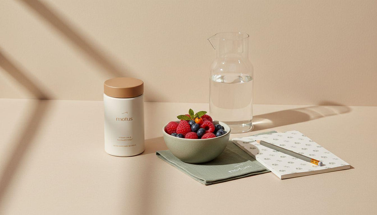 Minimalist kitchen scene with Motus supplement jar, bowl of berries, water carafe and notepad, showcasing the best hunger suppressant in a calm scientific-lifestyle setting.
