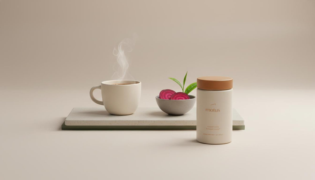 Minimalist still-life of Tonum Motus container beside a steaming coffee cup, bowl of beets and a green tea sprig on a pale beige background — best liver detox drinks.