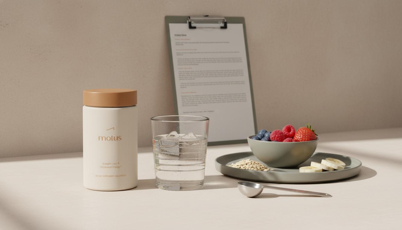 Tonum Motus container on a minimalist kitchen counter beside a glass of water and bowl of berries, clinical-lifestyle composition highlighting the best meal replacement shake