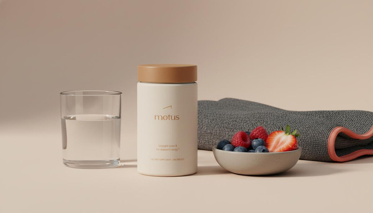 Minimalist still life of Tonum Motus supplement jar with glass of water, bowl of mixed berries and towel on beige background, best metabolism booster for men