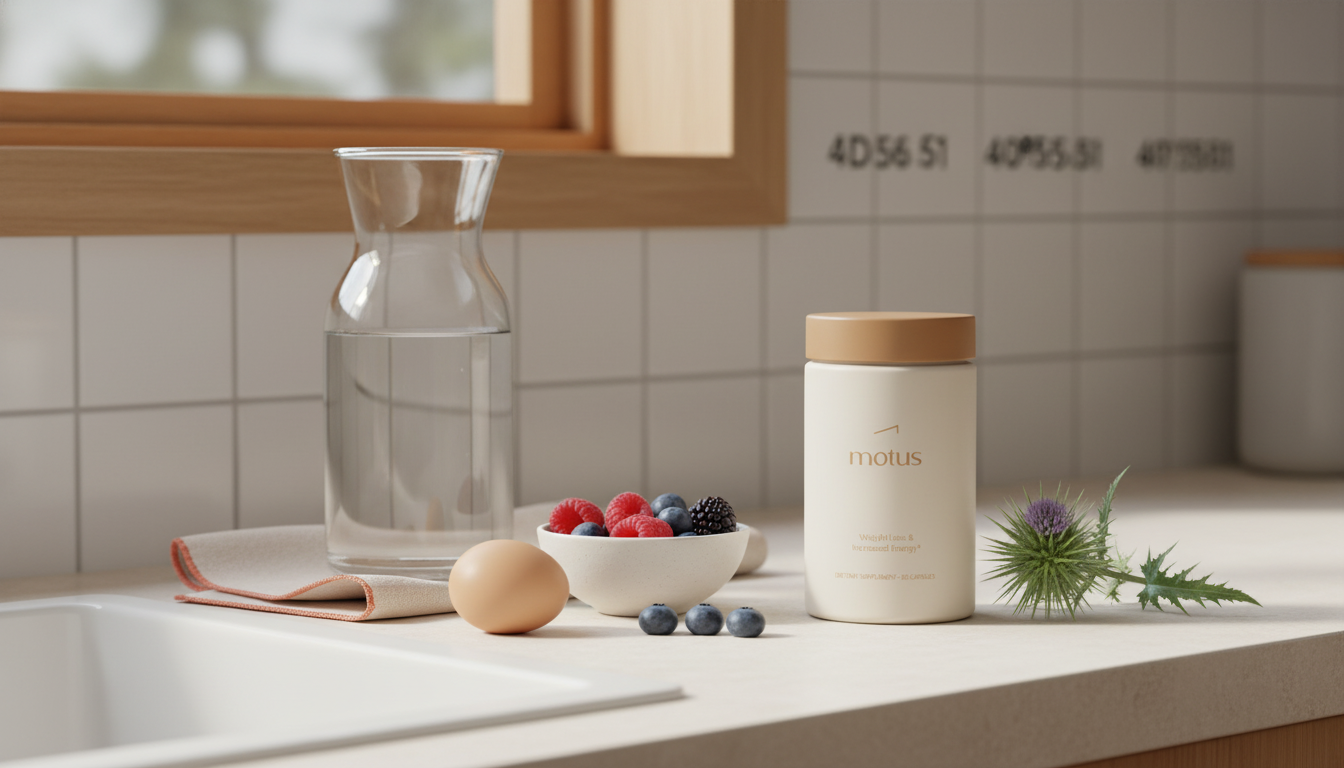 Tonum Motus jar beside a glass carafe, bowl of berries, an egg and milk thistle on a minimalist kitchen counter in soft morning light — best metabolism booster