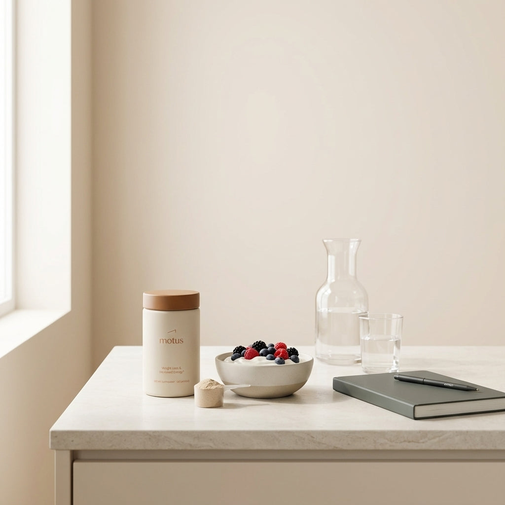 Minimal kitchen counter with Tonum Motus supplement next to a Greek yogurt bowl with berries, glass carafe, and journal — best metabolism boosters for women