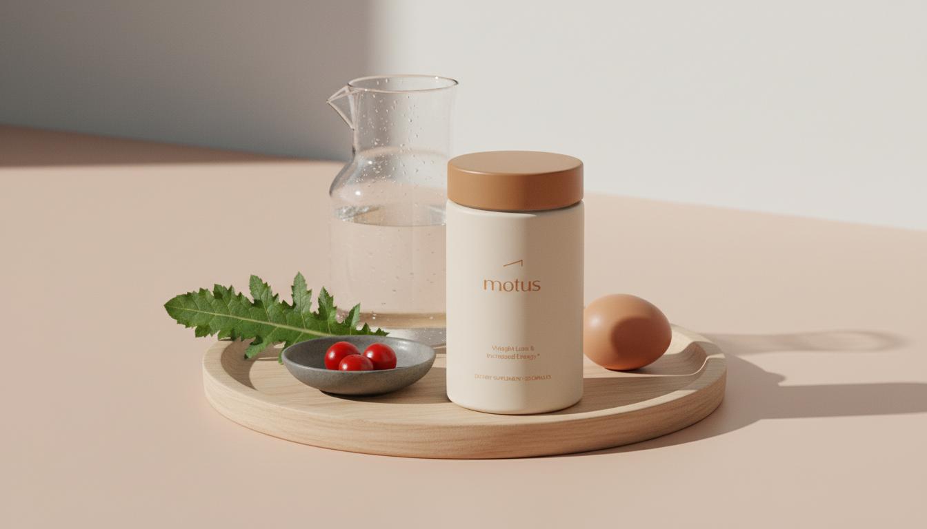 Minimalist photo of a Tonum supplement jar on a wooden tray with water, berries and milk thistle on a soft beige background — best metabolism supplements