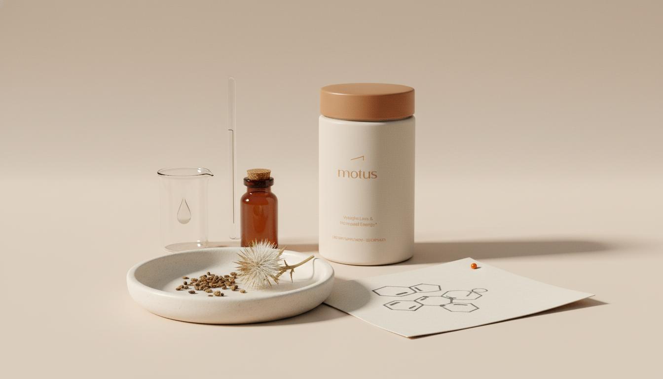 Minimalist still life of Tonum supplement jar with milk thistle seeds on a ceramic dish and small scientific props on #F2E5D5 background — best milk thistle supplement
