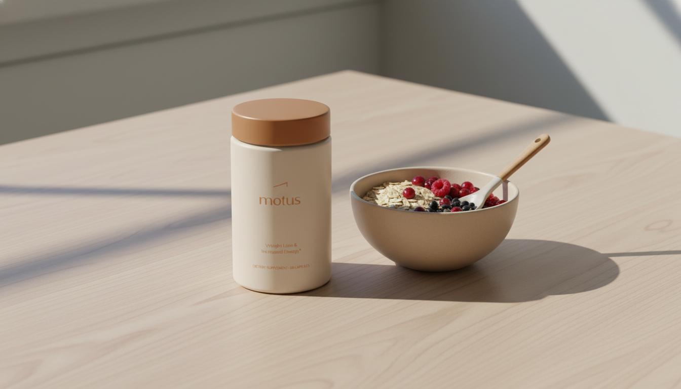Motus supplement jar beside a bowl of oats, beans and berries on a clean wooden table in a minimalist Tonum scene suggesting best natural appetite suppressants