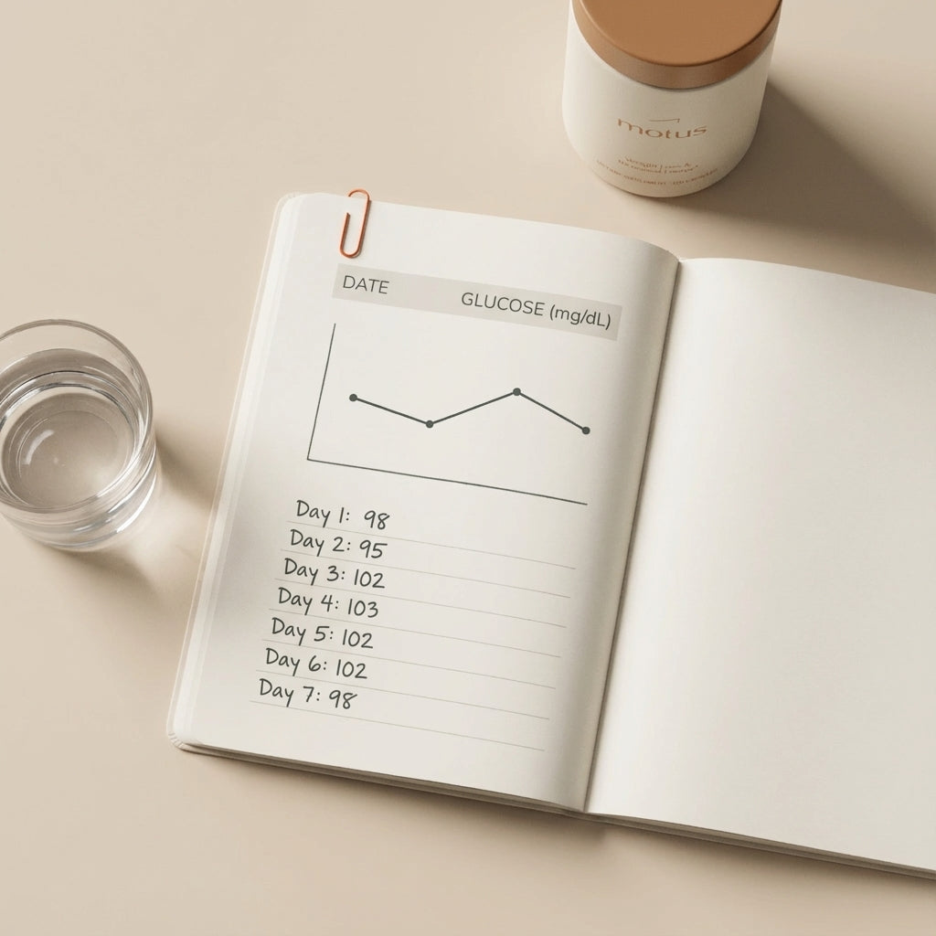 Flat-lay of notebook with logged glucose chart, glass of water and Tonum Motus container on beige background, highlighting evidence-based routine — best natural blood sugar lowering supplement