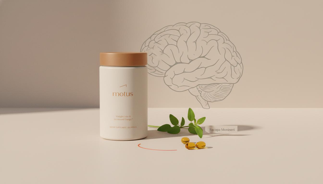 Tonum supplement jar with bacopa sprig and omega-3 capsules on a beige #F2E5D5 tabletop with soft-focus brain line art, conveying best natural brain booster